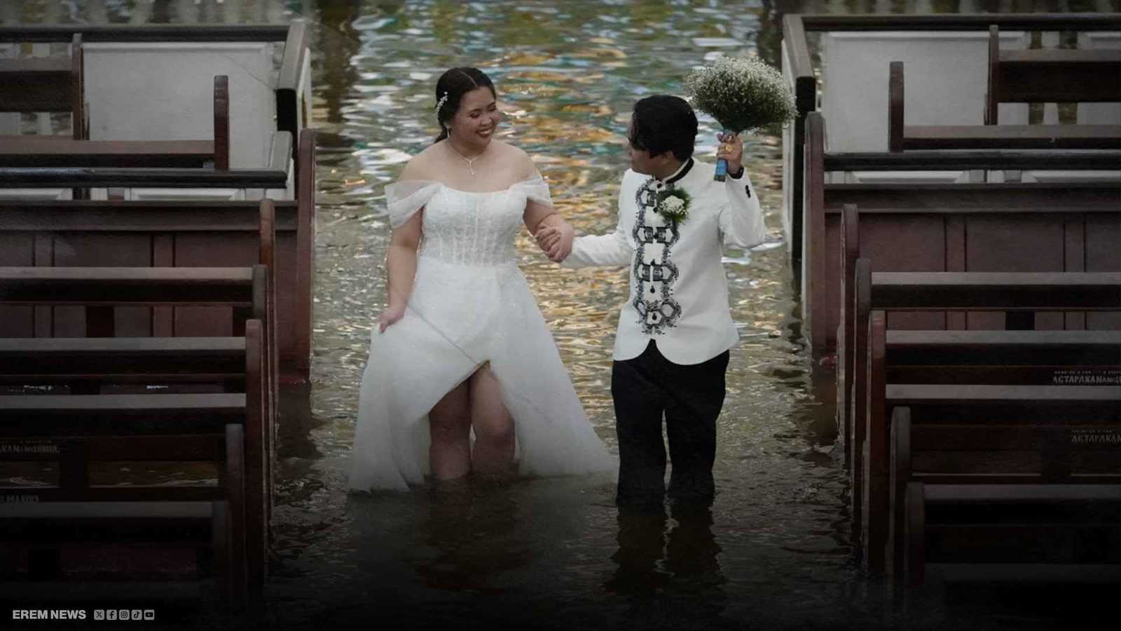 زفاف الفيضانات.. زوجان يعقدان قرانها بين السيول الجارفة