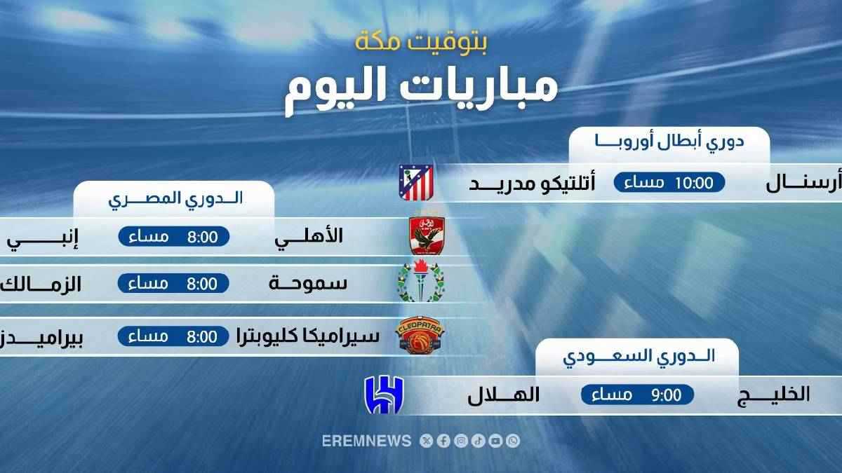 آرسنال وأتلتيكو مدريد والهلال السعودي.. مواعيد مباريات اليوم والقنوات الناقلة 