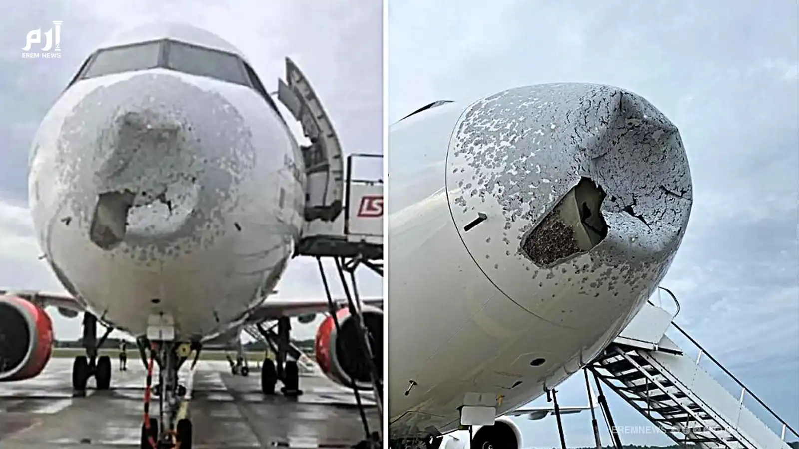 فجوة مرعبة في الأنف.. ربان شجاع ينقذ طائرة من عاصفة برَد (فيديو إرم)