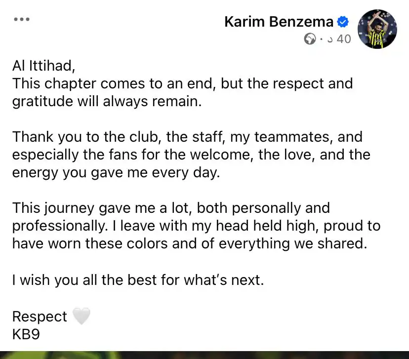 رسالة كريم بنزيما بعد انتقاله للهلال