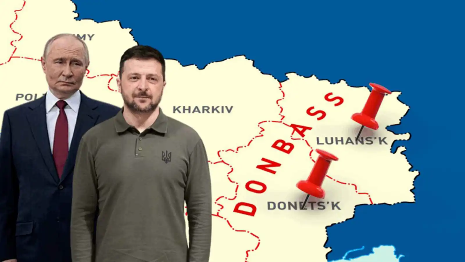 زيلينسكي وبوتين، وخلفهما خارطة لمنطقة دونباس