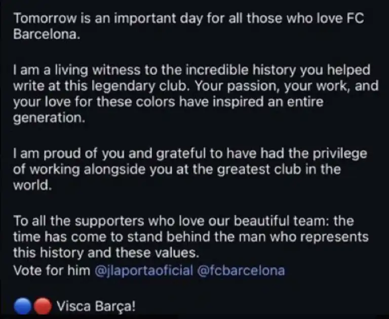 رسالة صامويل إيتو لدعم خوان لابورتا في انتخابات برشلونة 