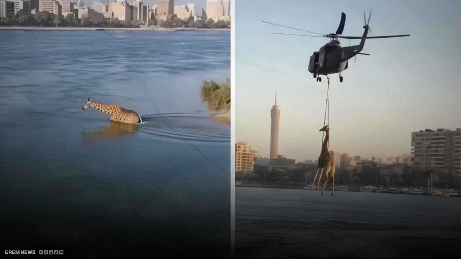 سقطت في نهر النيل وأنقذتها مروحية.. زرافة تفجر الجدل على السوشال ميديا