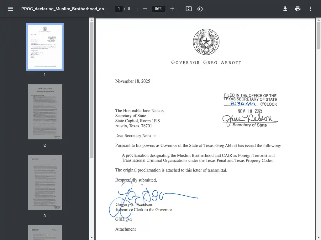 نص القرار كما نشره موقع مكتب حاكم تكساس