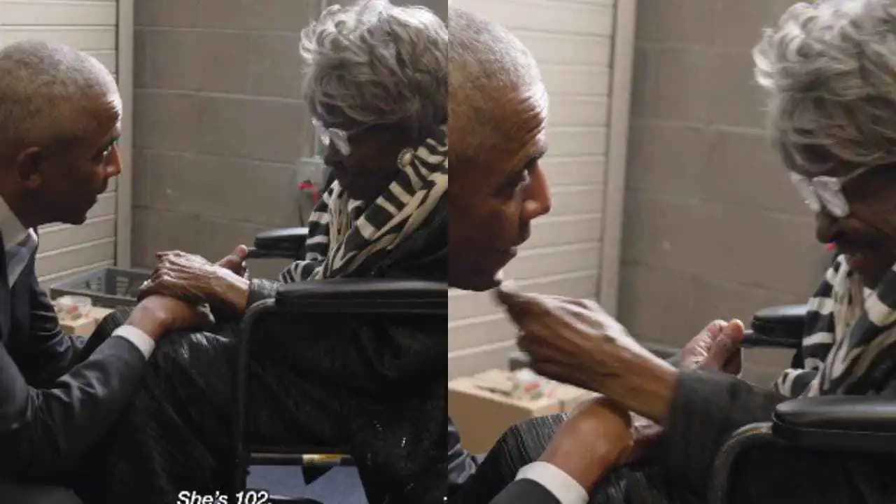 أوباما يمازح سيدة في الـ 102 ويكشف سر شبابها (فيديو)