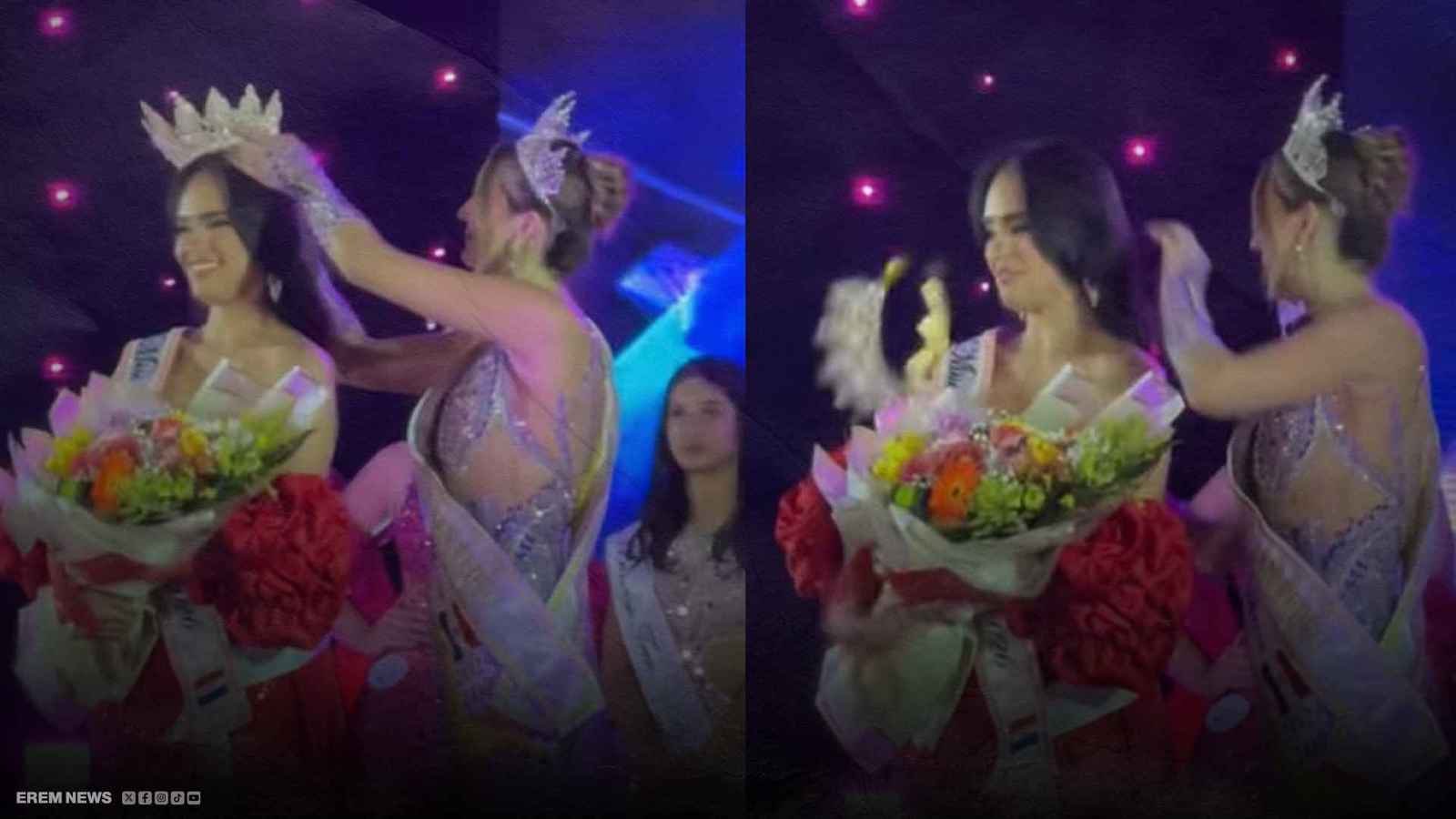 فضيحة على الهواء..ملكة جمال ترفض تسليم التاج وتحرج خليفتها (فيديو إرم)