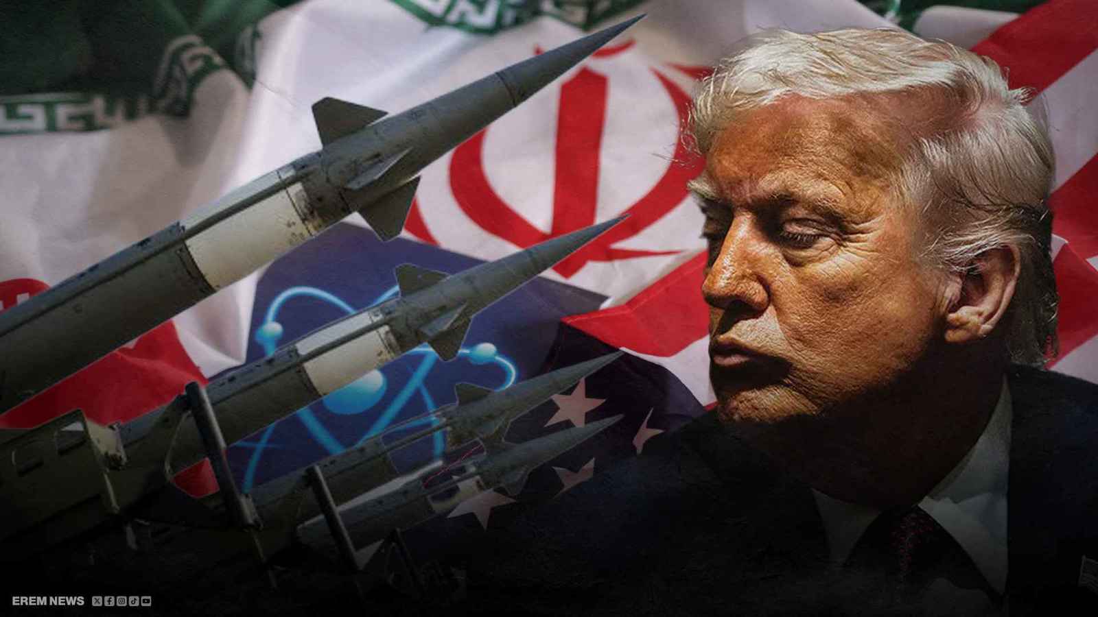 ترامب وفي الخلفية علما إيران والولايات المتحدة