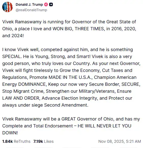 منشور ترامب حول مرشح حاكم أوهايو