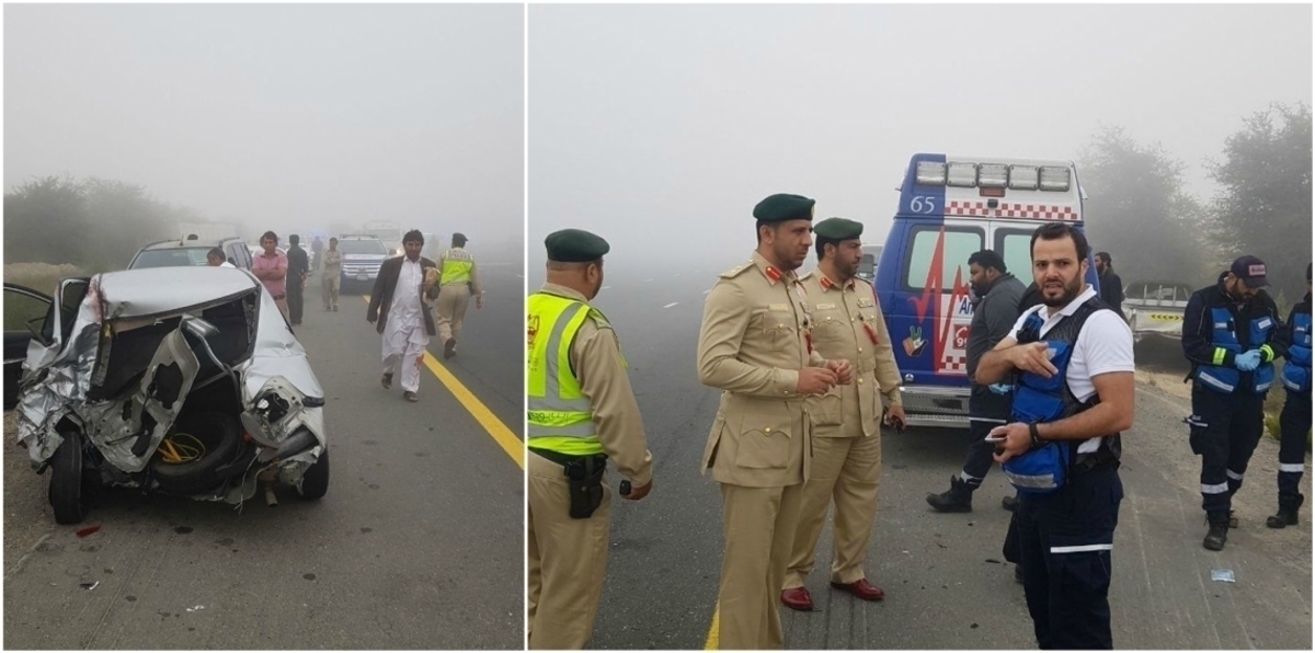 بالصور.. اصطدام 28 مركبة في حادث نتيجة الضباب بدبي