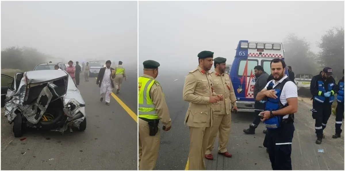 بالصور.. اصطدام 28 مركبة في حادث نتيجة الضباب بدبي