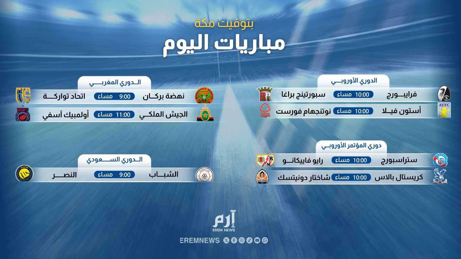 النصر والجيش الملكي والدوري الأوروبي.. مواعيد مباريات اليوم والقنوات الناقلة 