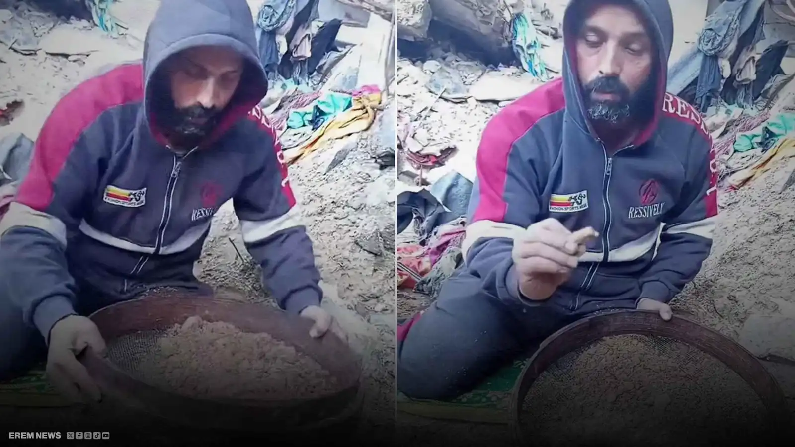 غزي يغربل أنقاض منزله بحثاً عن رفات زوجته وأطفاله (فيديو إرم)