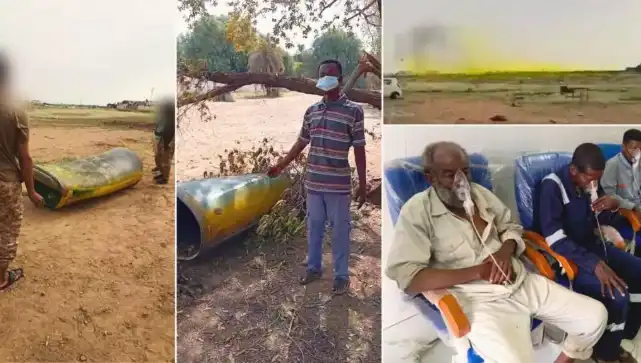 أشخاص يتلقون العلاج ورجل يوضح مكان سقوط أحد براميل الكلور