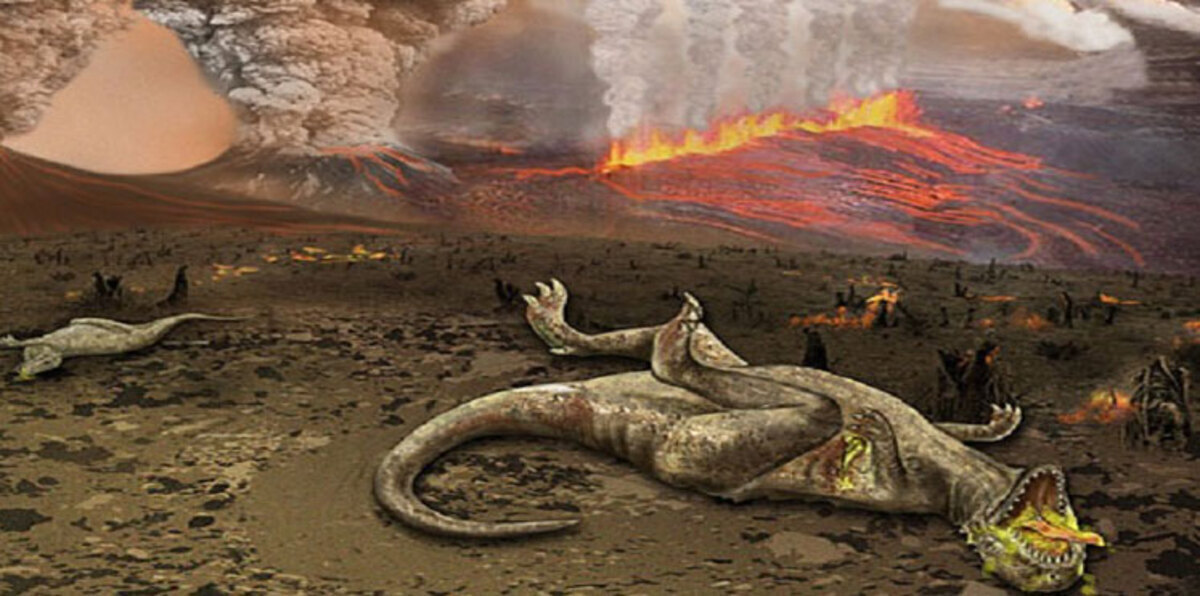 انقراض الديناصورات نتيجة لاصطدام كويكب بالأرض وثورات بركانية