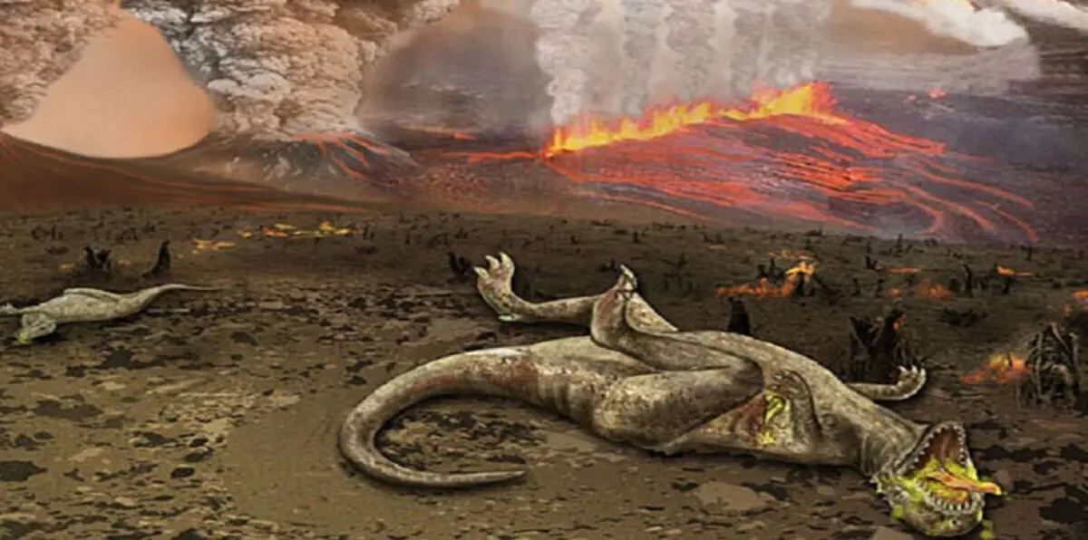 انقراض الديناصورات نتيجة لاصطدام كويكب بالأرض وثورات بركانية
