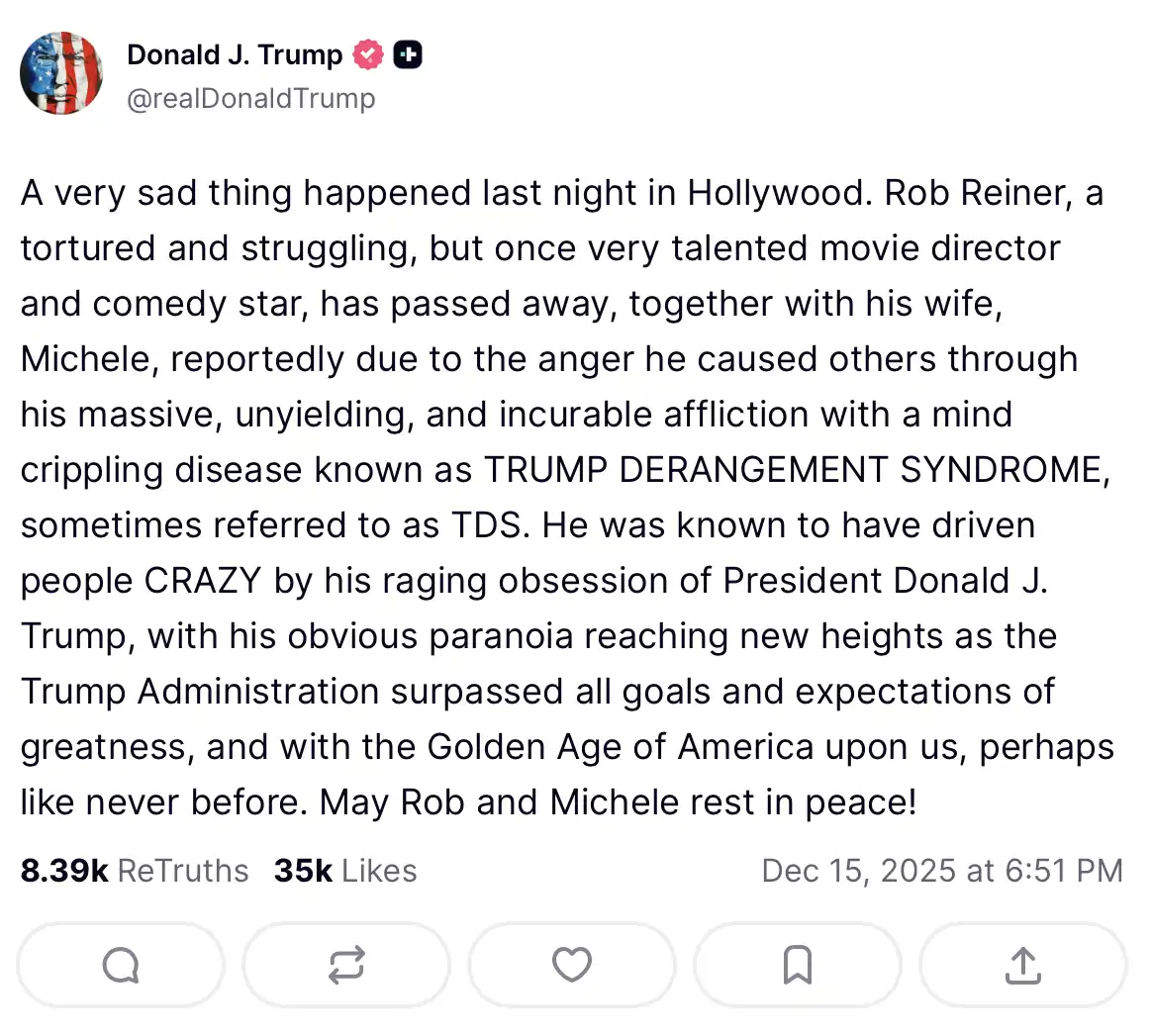 منشور دونالد ترامب عن وفاة روب راينر