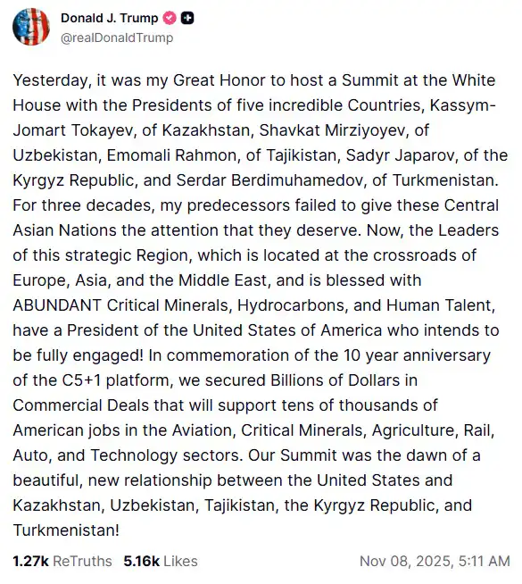 منشور ترامب عن ثمار قمة آسيا الوسطى