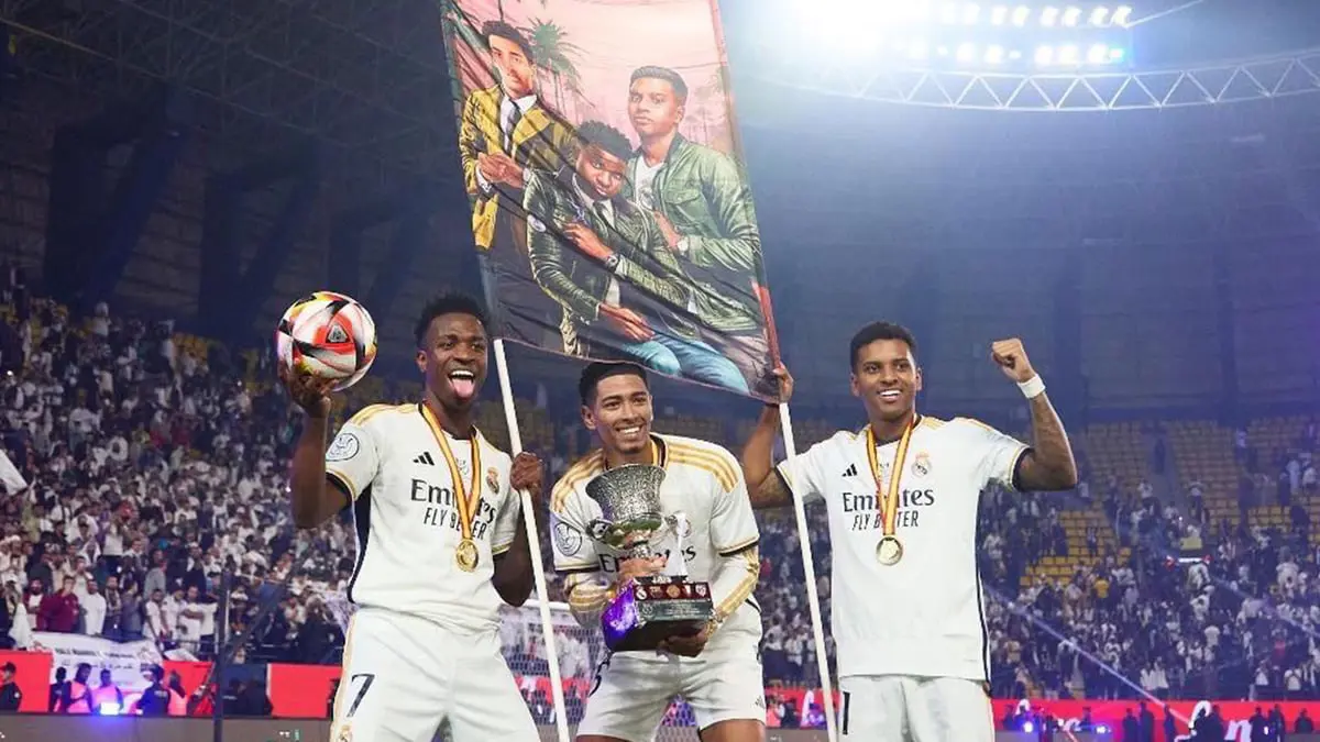 بلافتة لعبة "GTA6".. احتفال مميز من فينيسيوس وبيلينغهام ورودريغو (فيديو)