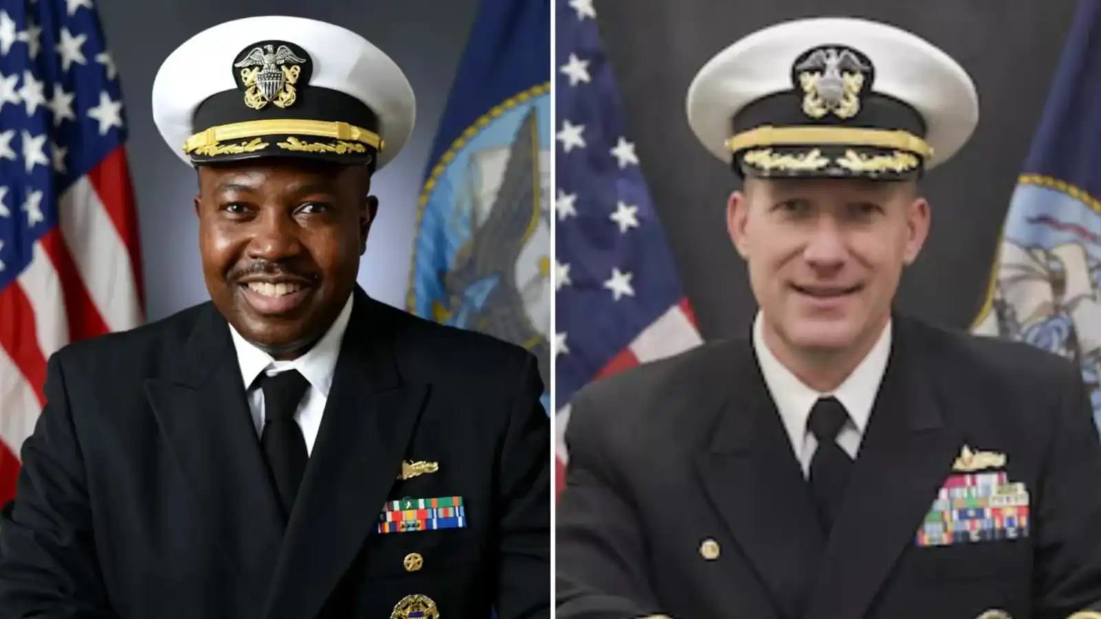 الكابتن السابق لسفينة يو إس إس ماسون، تشافيوس جي. لويس (يسار)، والكابتن الجديد كيفن هوفمان (يمين)