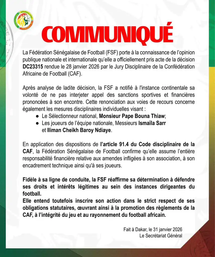 بيان الاتحاد السنغالي لكرة القدم 