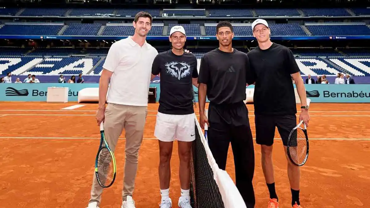 بيلينغهام وسينر ضد كورتوا ونادال.. مباراة تنس تاريخية في البرنابيو (فيديو)