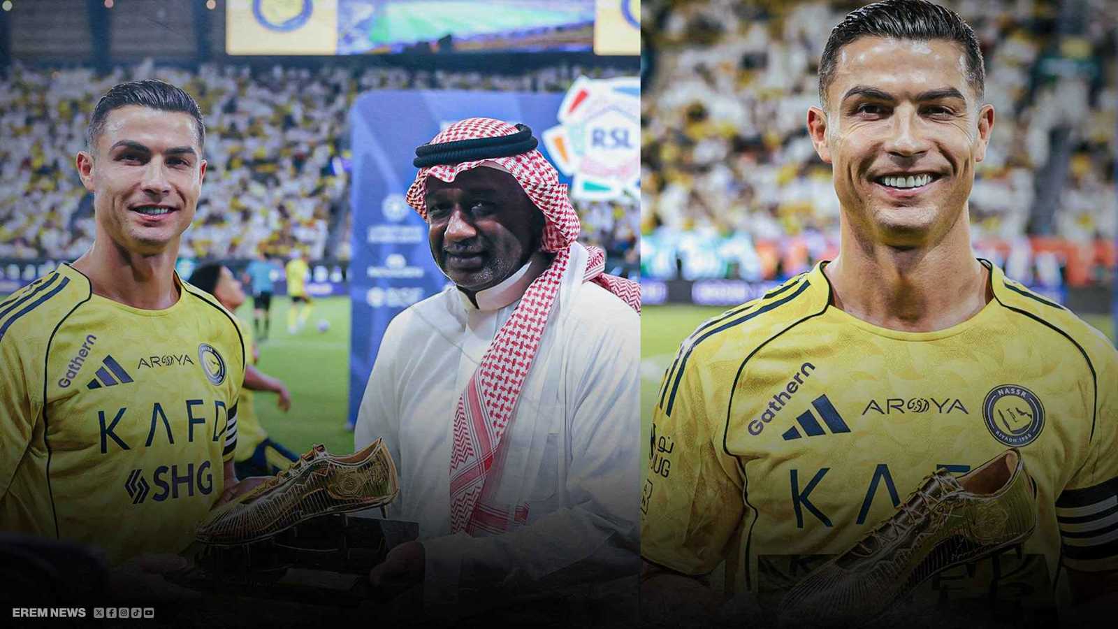 لحظة تاريخية.. أسطورة النصر يكرم  رونالدو بالحذاء الذهبي (فيديو)