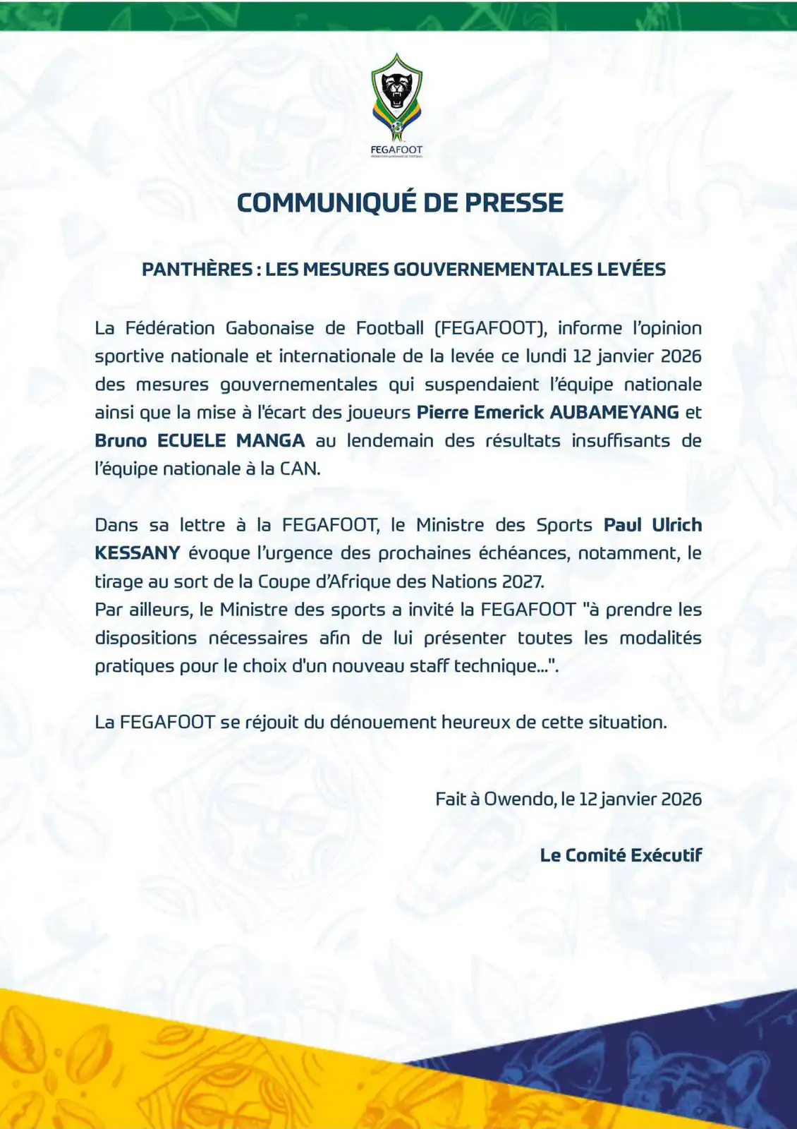 بيان الاتحاد الغابوني لكرة القدم