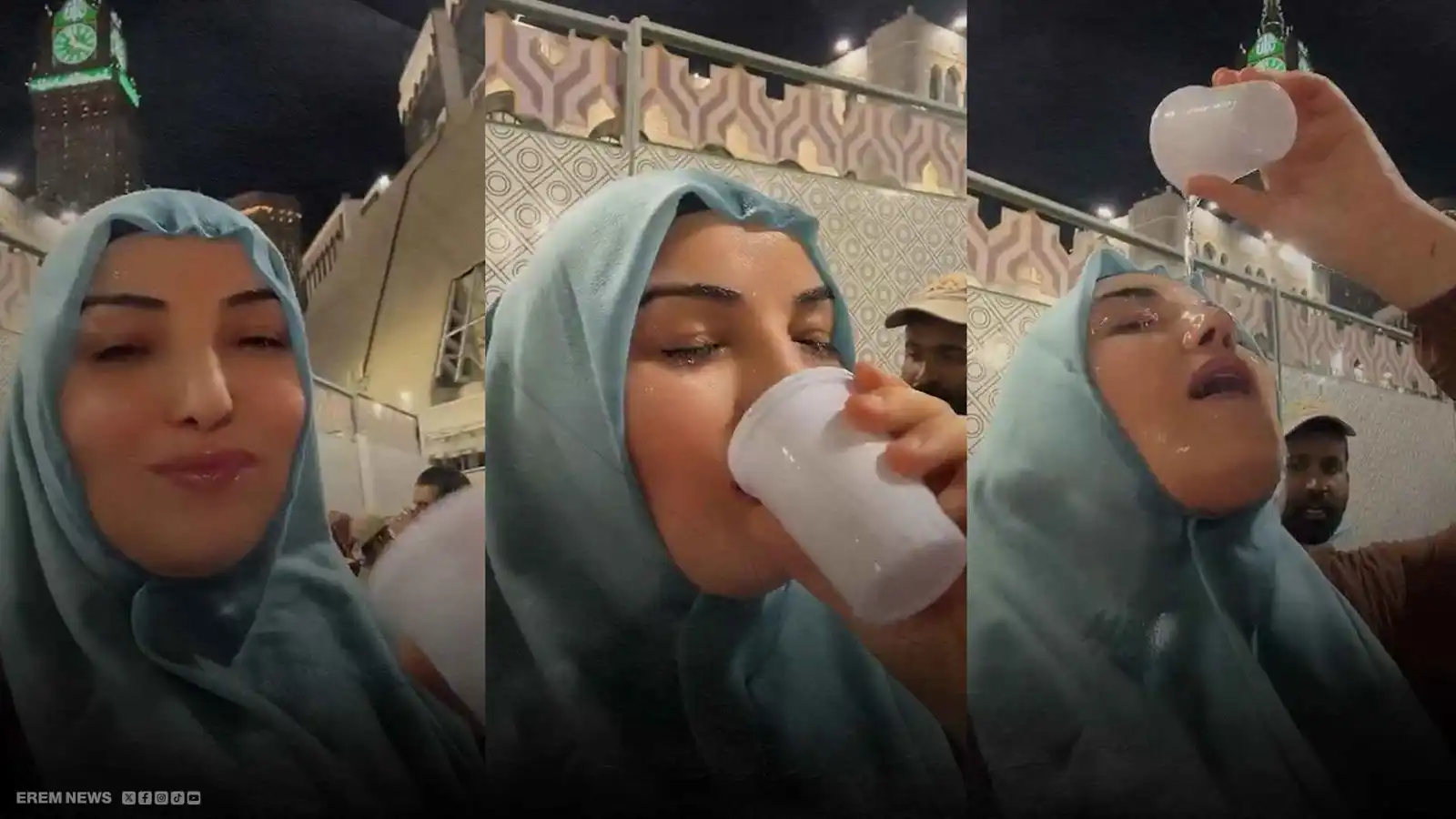 أثارت الجدل.. سيدة تصب ماء زمزم على وجهها أثناء العمرة (فيديو إرم)