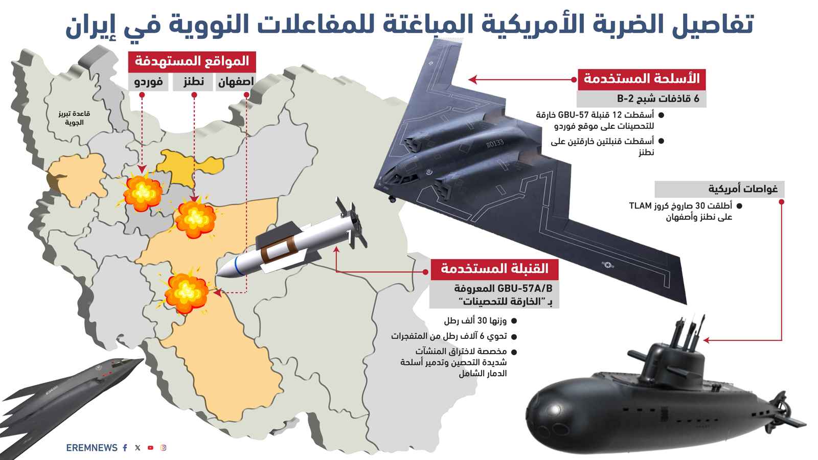 تفاصيل دقيقة عن الضربة الأمريكية "الخاطفة" على نووي إيران (إنفوغراف)