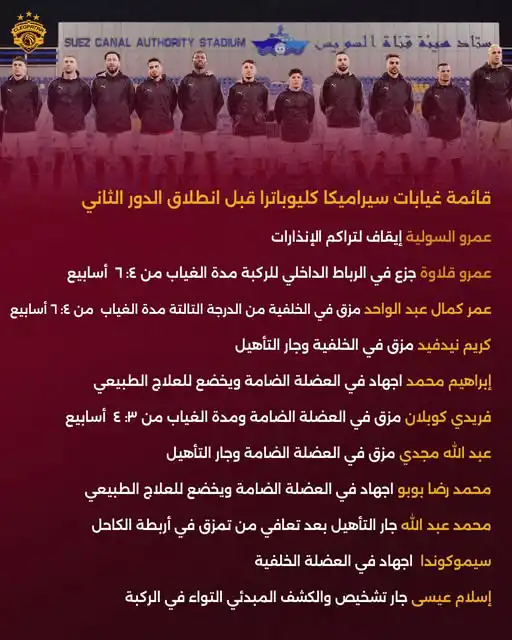 بيان إصابات سيراميكا كليوباترا قبل لقاء الأهلي