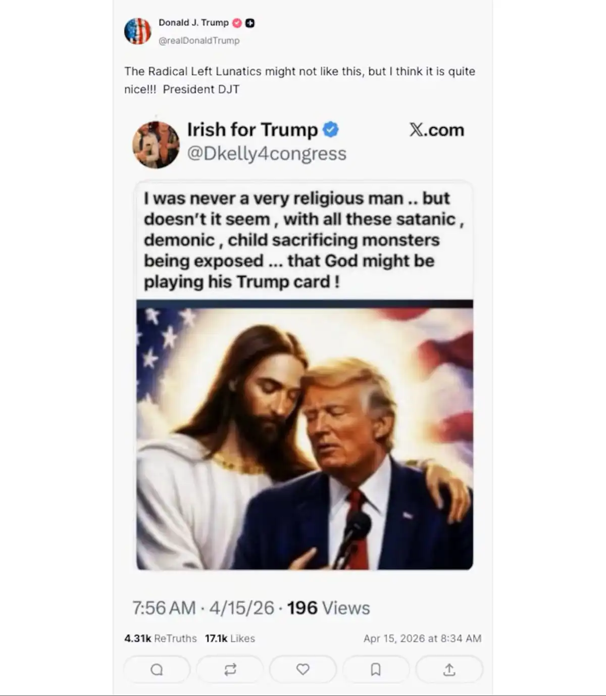 الرئيس الأمريكي ترامب ينشر صورته مع هيئة "المسيح".