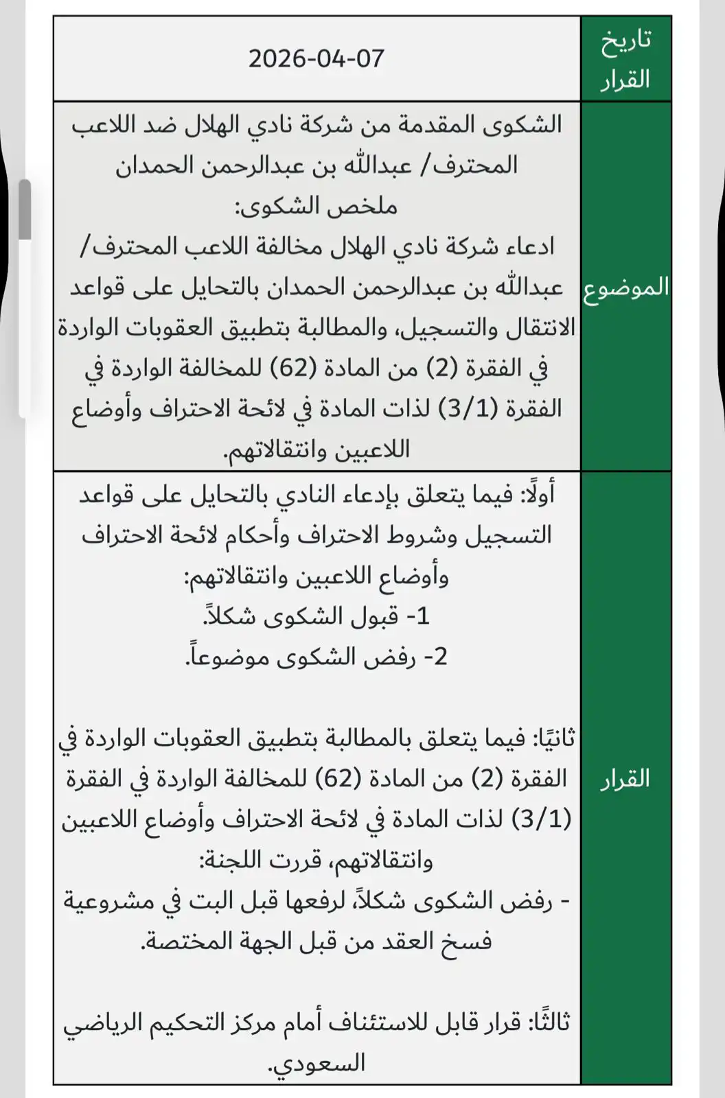 قرار لجنة الاحتراف