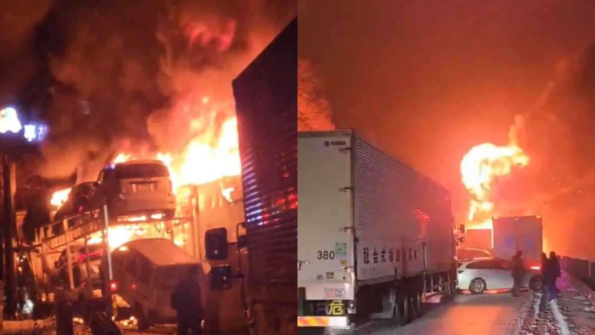 حريق ضخم إثر تصادم مروع بين 50 سيارة في اليابان (فيديو)