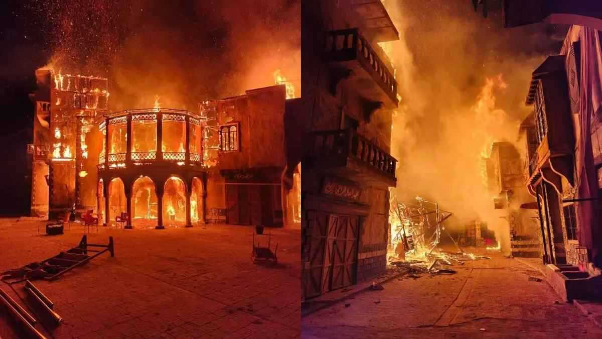 حريق يلتهم مدينة تصوير مسلسل "النويلاتي" وخسائر مادية كبيرة (فيديو)