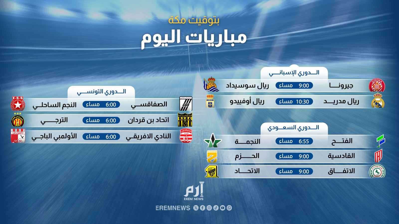 ريال مدريد والاتحاد والإفريقي.. مواعيد مباريات اليوم والقنوات الناقلة 
