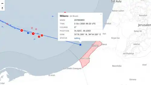 خريطة تظهر وصول السفينة "مكينو" إلى سواحل غزة