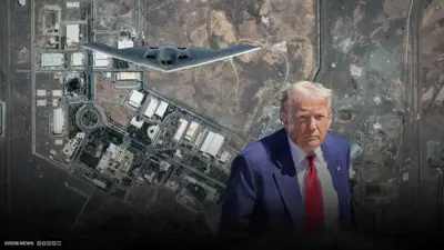 ترامب وفي الخلفية أحد المواقع النووية الإيرانية