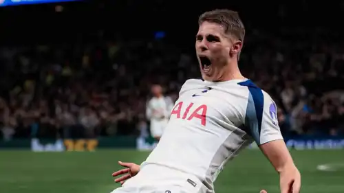دي فين يحتفل بأحد أهدافه مع توتنهام