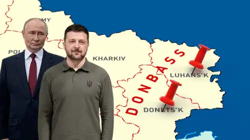 زيلينسكي وبوتين، وخلفهما خارطة لمنطقة دونباس