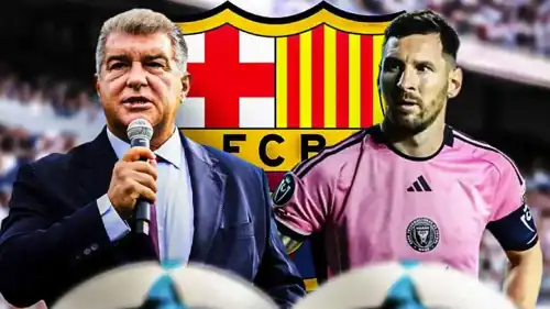 خوان لابورتا رئيس برشلونة وليونيل ميسي قائد إنتر ميامي