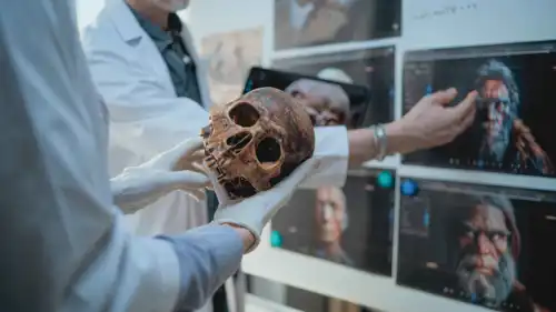 علمية تشريح جمجمة أحفورية لإنسان قديم