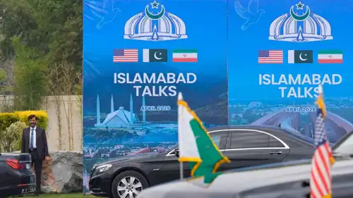 لوحة عن مفاوضات أمريكا وإيران في إسلام آباد، باكستان