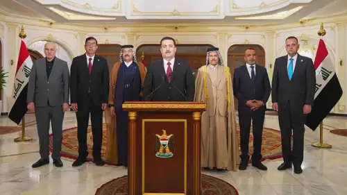 السوداني خلال إلقاء الكلمة بعد تصدر الانتخابات