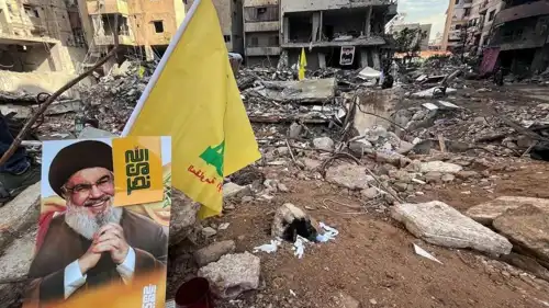 صورة لنصرالله وسط الدمار في الضاحية الجنوبية 