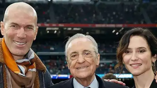 فلورنتينو بيريز رئيس نادي ريال مدريد مع إيزابيل دياز وزين الدين زيدا