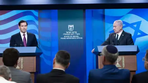 بنيامين نتنياهو خلال مؤتمر صحفي مشترك مع ماركو روبيو