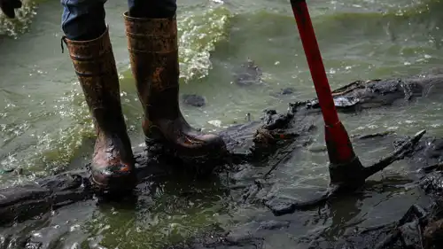 يقف صياد على شاطئ بحيرة ملوثة بالنفط في فنزويلا