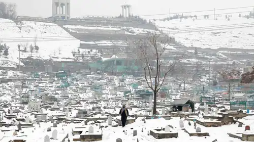 رجل أفغاني يسير في مقبرة مغطاة بالثلوج في كابول، أفغانستان