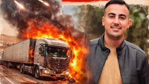 الشاب حسين فرات بجانبه شاحنة محترقة