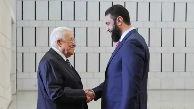 الشرع خلال استقباله عباس في دمشق